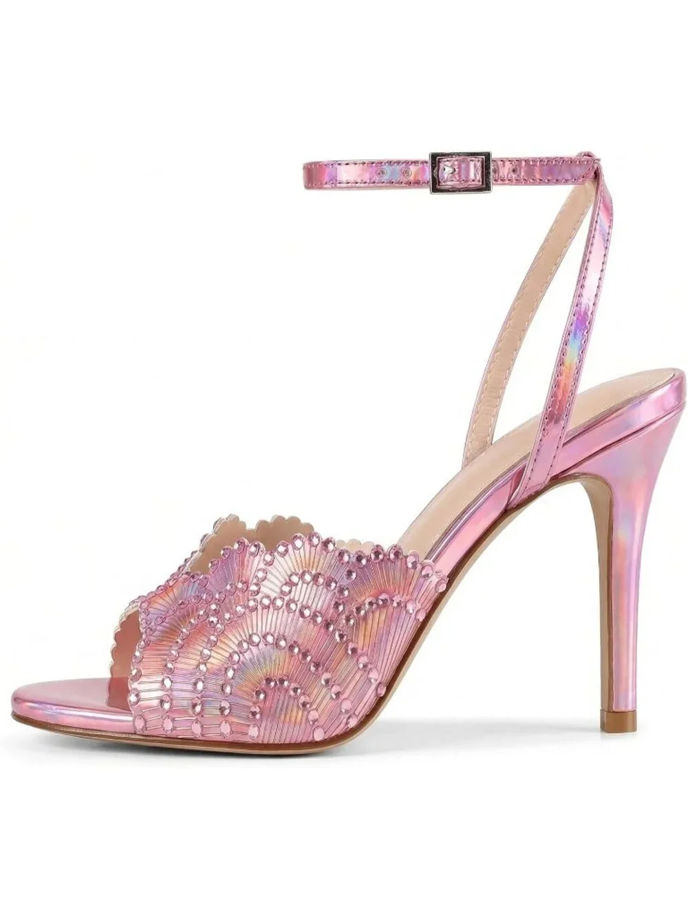 Women's Pink Rhinestone High Heel Sandals Round Open Toe Sparkly High Heels
